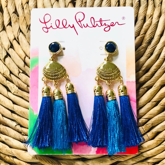 LILLY PULITZER EARRINGS NWT SEASIDE TASSEL ⭐️Capri Blue/Gold SHELLS-PIERCED-POST - Picture 6 of 9
